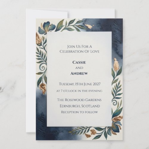 Navy Blue Gold Botanical Foliage Wedding Invitatio Invitation