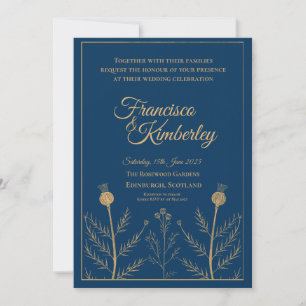 Navy Blue Gold Botanical Thistle Personalized Wedd Invitation