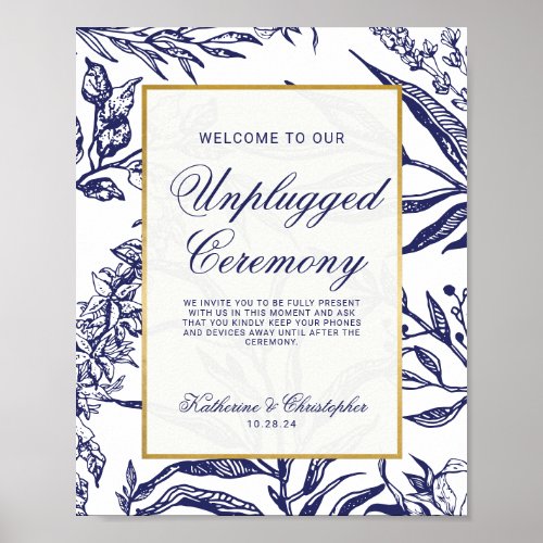 Navy Blue Gold Botanical Unplugged Wedding Poster