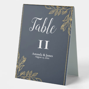 Navy Blue Gold Botanical Wedding Table Number Sign