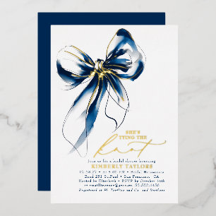 Navy Blue Gold Bow Elegant Whimsical Bridal Shower Foil Invitation