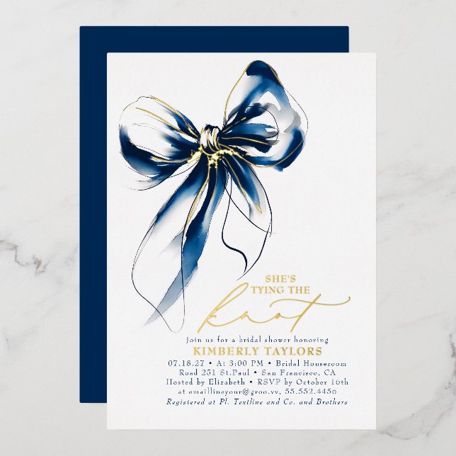 Navy Blue Gold Bow Elegant Whimsical Bridal Shower Foil Invitation (Front/Back)