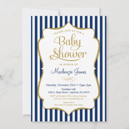 Navy Blue Gold Boy Baby Shower Invitation Stripes