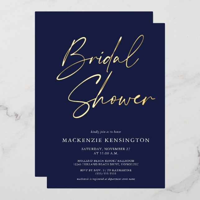 Navy Blue Gold Bridal Shower Foil Invitation (Front/Back)