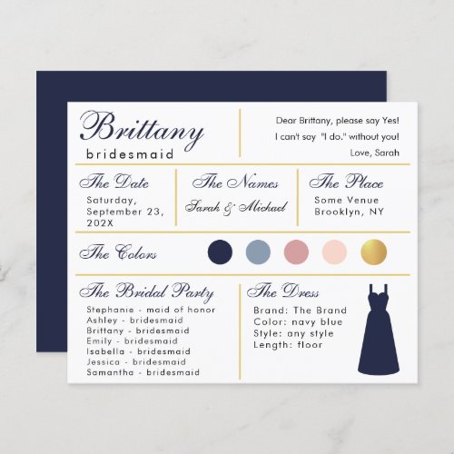 Navy Blue Gold Bridesmaid Information Card