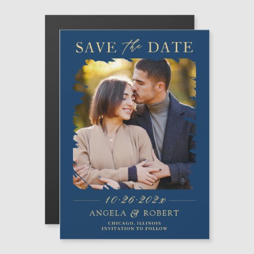 Navy Blue Gold Brush Stroke Photo Save the Date