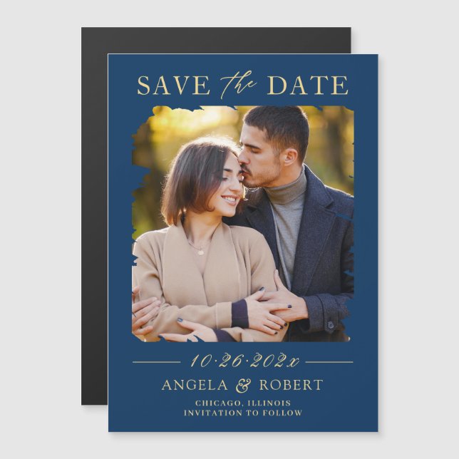 Navy Blue Gold Brush Stroke Photo Save the Date (Front/Back)