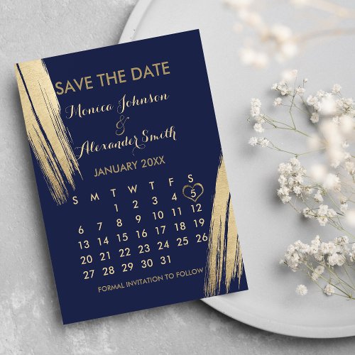 Navy Blue Gold Brushstrokes Calendar Save the Date Announcement Postcard