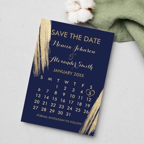 Navy Blue Gold Brushstrokes Calendar Wedding Save The Date
