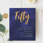 Navy blue gold budget 50th birthday invitation<br><div class="desc">A modern, stylish invitation for a 50th birthday party for both him and her. The blue color is uneven. Navy blue background and the word Fifty written with large faux gold letters. Personalize and add a name and party details. White text. 1 sheet = 1 invitation printed edge to edge....</div>