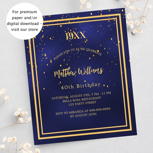 Navy blue gold budget birthday party invitation flyer