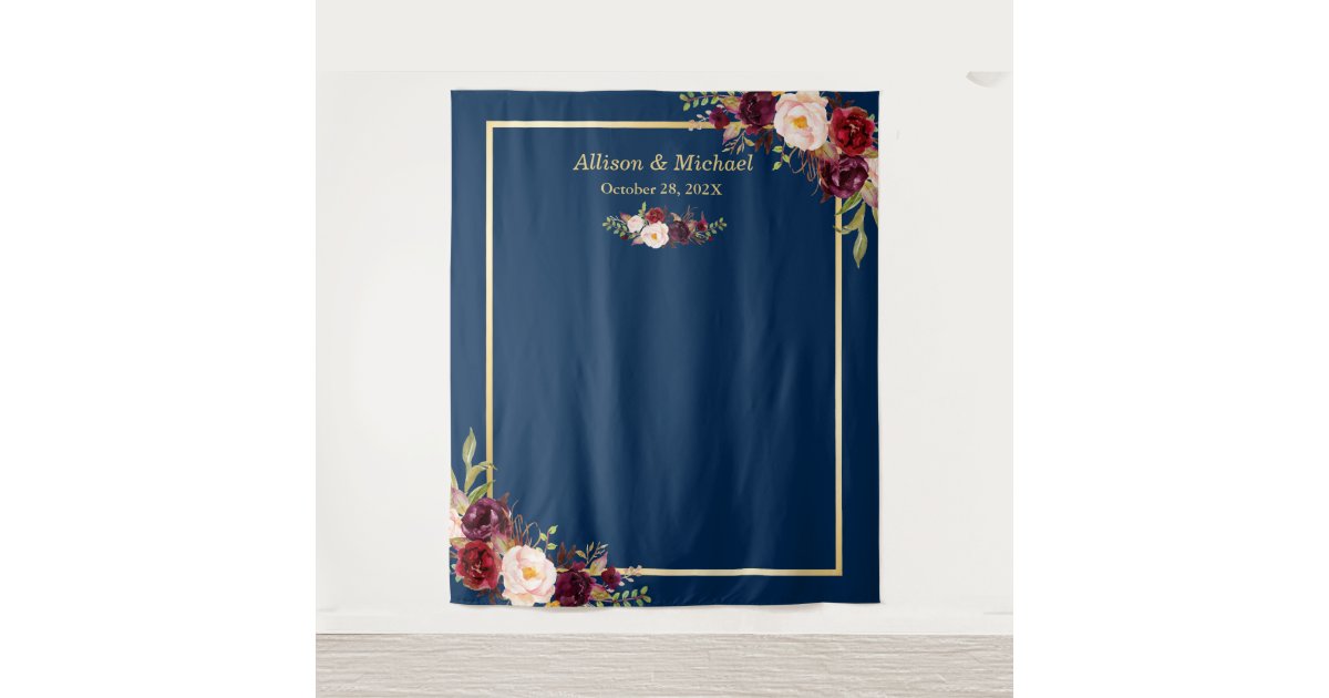 Navy Blue Gold Burgundy Floral Wedding Backdrop | Zazzle.com