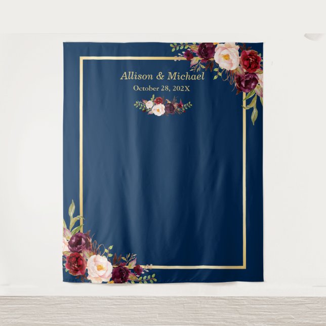 Navy Blue Gold Burgundy Floral Wedding Backdrop (Front)