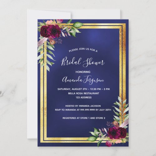 Navy blue gold burgundy florals Bridal Shower Invitation