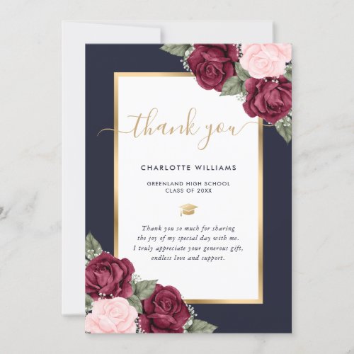 Navy Blue Gold Burgundy Pink Floral Graduation Thank You Card