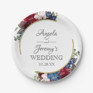 Navy Blue Gold Burgundy Red Blush Floral Wedding Paper Plates