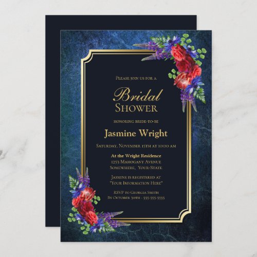 Navy Blue Gold Burgundy Rose Bridal Shower Invitation