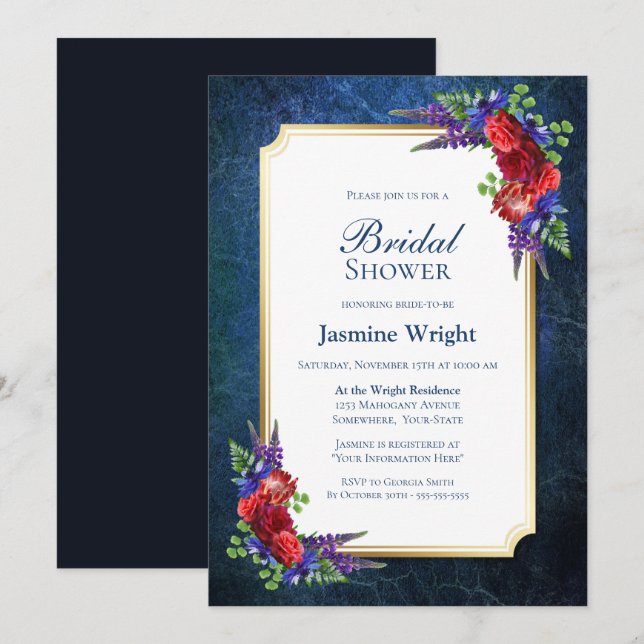 Navy Blue Gold Burgundy Rose Bridal Shower Invitation (Front/Back)