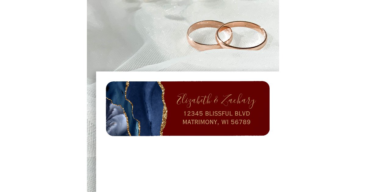Navy Blue Gold Burgundy Wedding Return Address Label | Zazzle