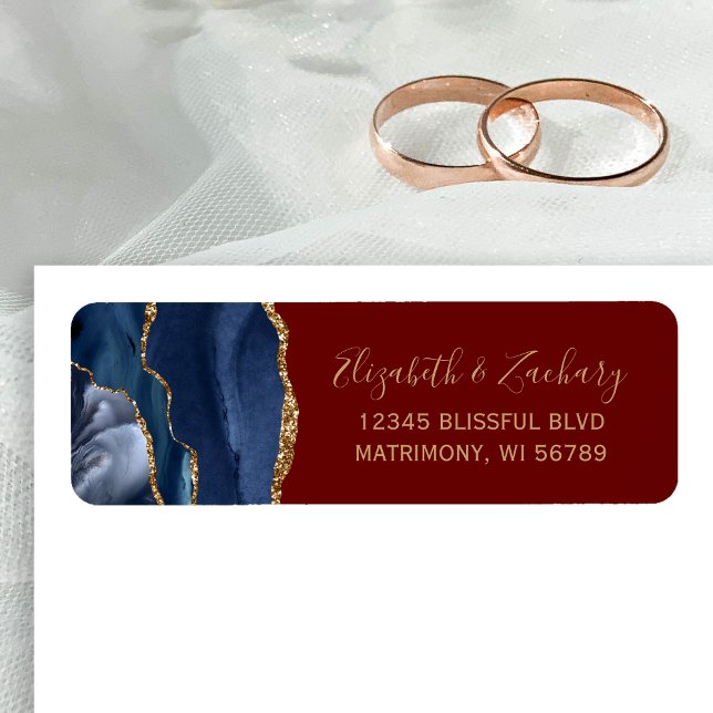 Navy Blue Gold Burgundy Wedding Return Address Label (Creator Uploaded)