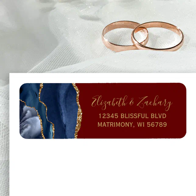 Navy Blue Gold Burgundy Wedding Return Address Label | Zazzle