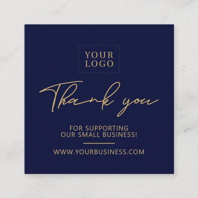 Navy Blue & Gold Business Logo Packaging Thank you Square Business Card (Front)