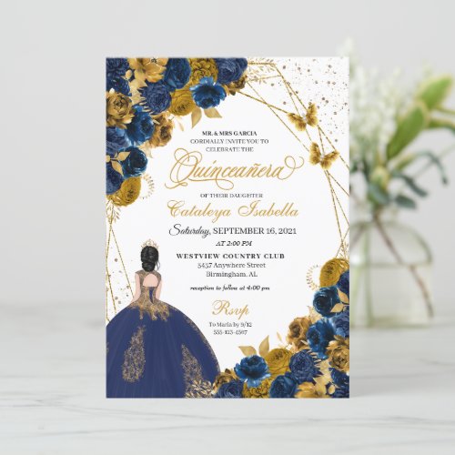 Navy Blue  Gold Butterfly Princess Quinceanera Invitation