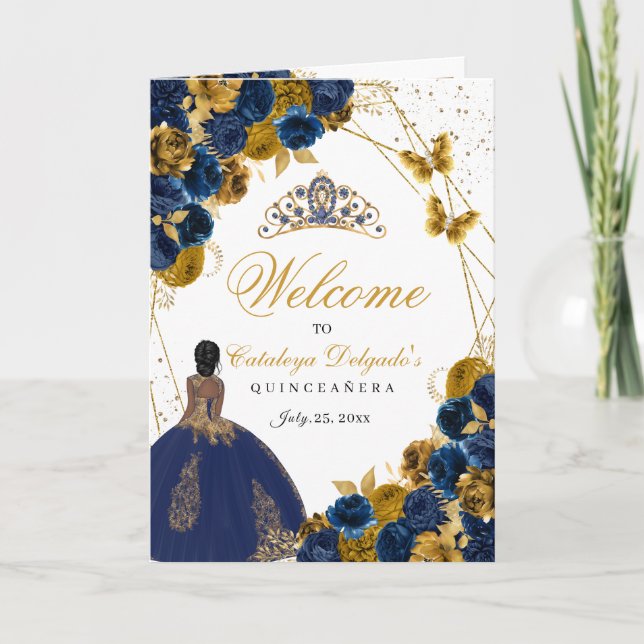 Navy Blue & Gold Butterfly Quinceanera Program (Front)