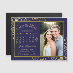 Navy Blue & Gold Calendar Photo Save Date Magnet