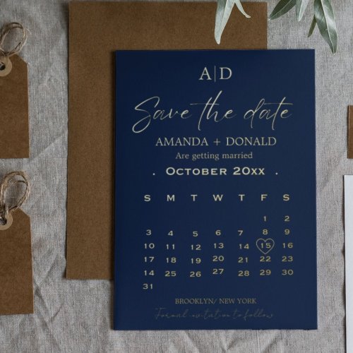 Navy Blue  Gold Calendar Wedding Save the date Foil Invitation