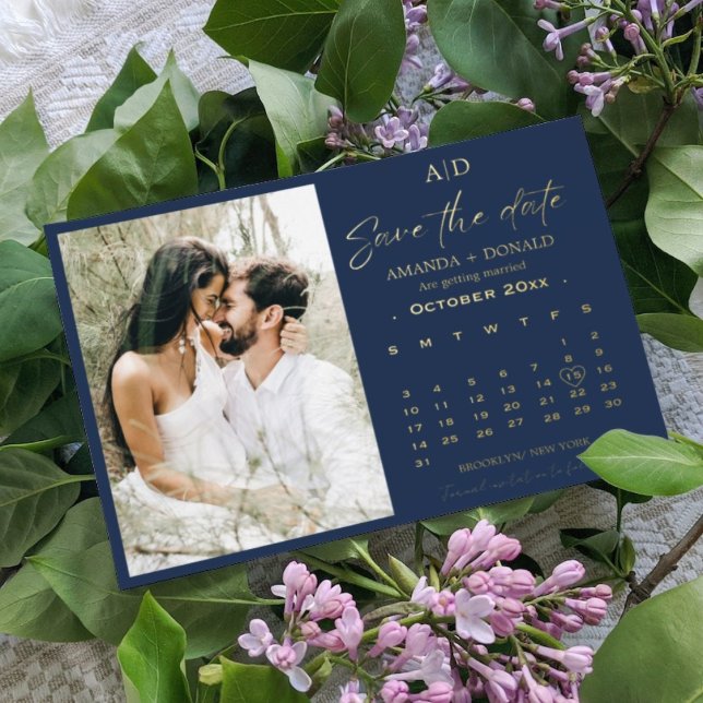 Navy Blue Gold Calendar Wedding Save the date Foil Invitation (Creator Uploaded)