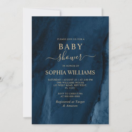 Navy Blue  Gold Calligraphy Baby Shower  Invitation
