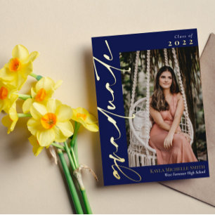 Navy Blue Gold Calligraphy Photo Graduation Foil Invitation