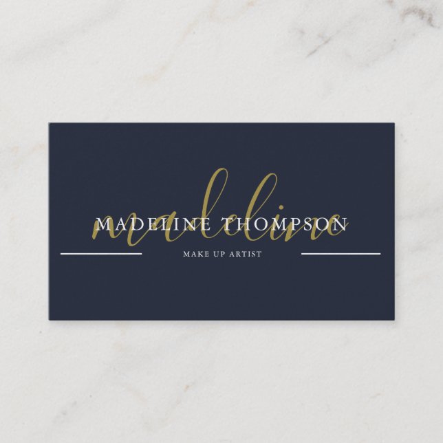 Navy Blue Gold Calligraphy Script QR code Business Card (Front)