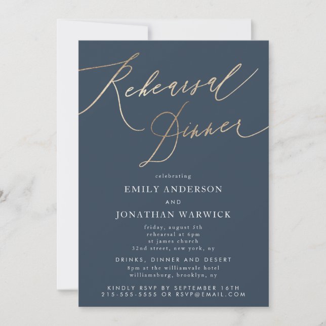 Navy Blue & Gold Calligraphy Wedding Rehearsal Invitation (Front)
