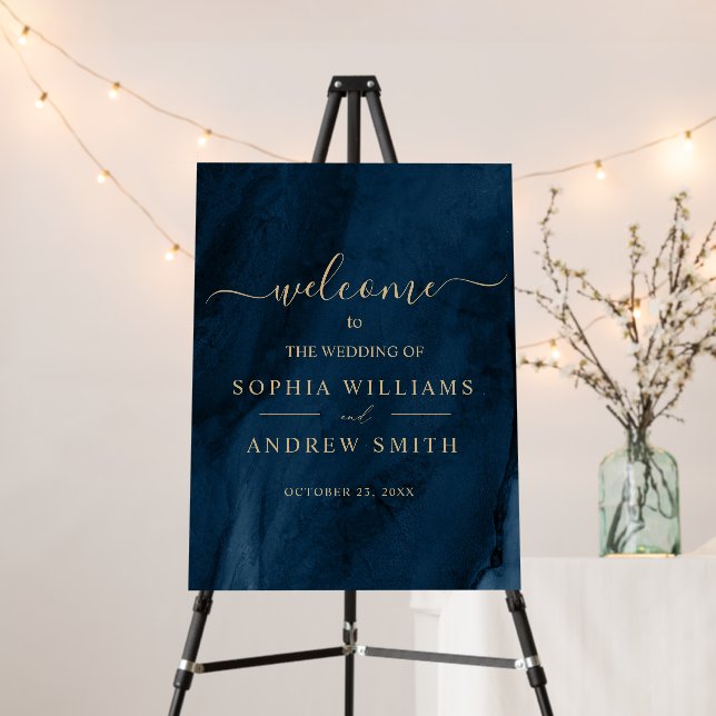 Navy Blue & Gold Calligraphy Wedding Welcome Sign (In Situ (Stand))