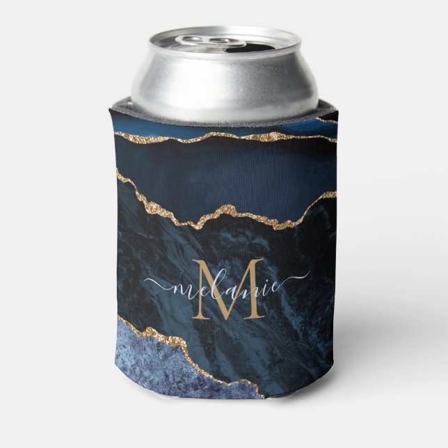 Navy Blue Gold Can Colers Custom Name and Letter Cooler (Can Back)