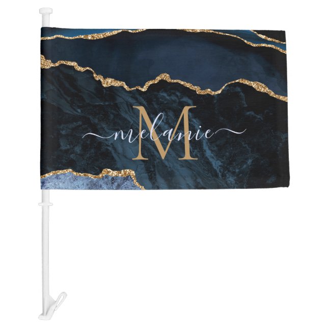Navy Blue Gold Car Flag Custom Letter and Name (Front)
