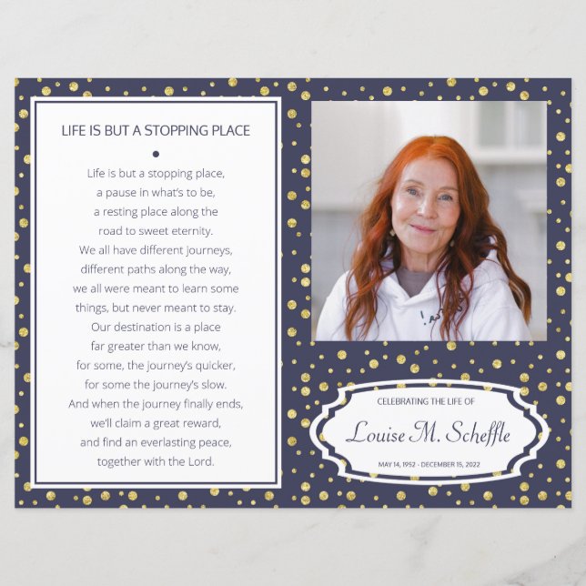 Navy Blue Gold Celebration of Life Funeral Program (Front)