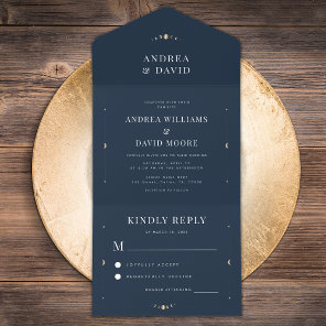 Navy Blue Gold Celestial Moon Cycle Mystic Wedding All In One Invitation