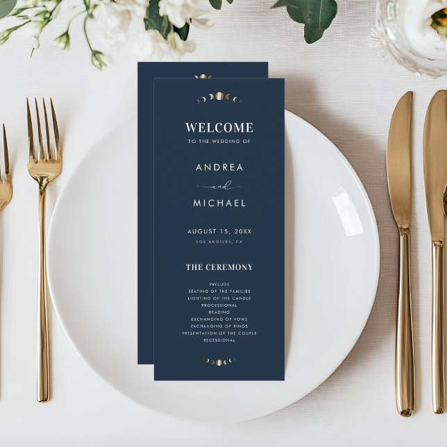 Navy Blue Gold Celestial Moon Cycle Mystic Wedding Program (Creator Uploaded)