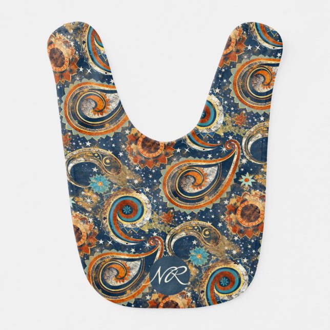  Navy Blue Gold Celestial Paisley Pattern Monogram Baby Bib (Front)