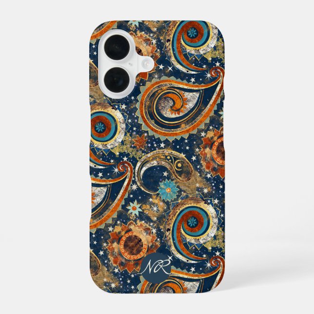  Navy Blue Gold Celestial Paisley Pattern Monogram Iphone Case (Back)