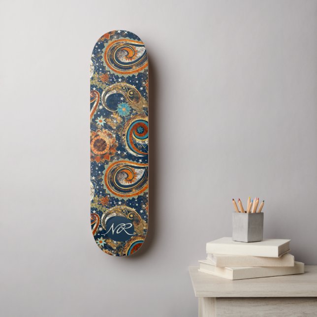  Navy Blue Gold Celestial Paisley Pattern Monogram Skateboard (Wall Art)