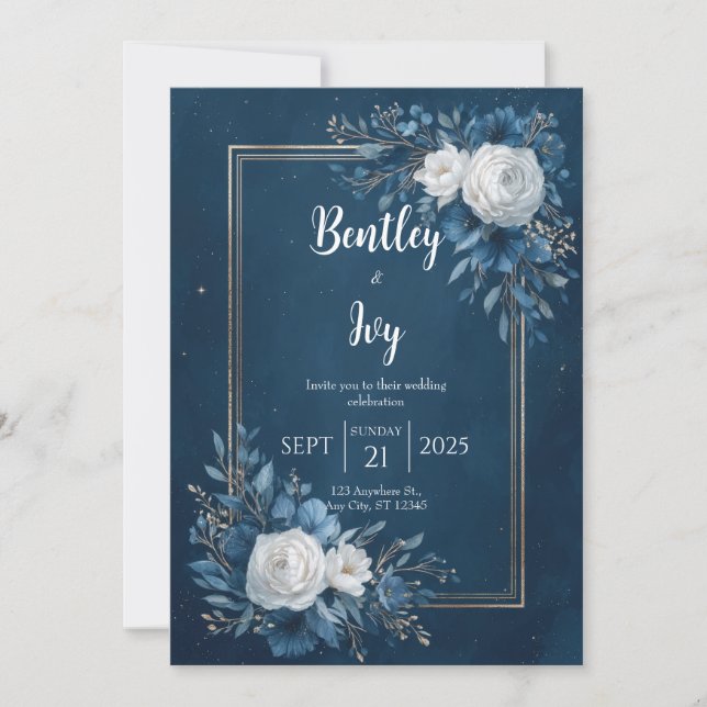 Navy Blue Gold Celestial Ranunculus Wedding Invitation (Front)