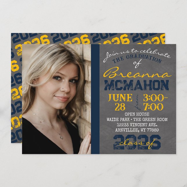 Navy Blue & Gold Chalkboard Graduation Invitation (Repeating Class Year Chalkboard Graduation Photo Invitations)