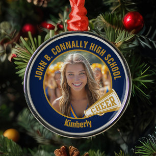 Navy Blue Gold Cheerleader Photo Christmas Metal Ornament