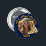 Navy Blue Gold Cheerleader Photo High School Button<br><div class="desc">This cool customized high school cheerleader photo gift features your name in gold on a navy blue button with a CHEER megaphone. Personalize with your student's photograph and class year as a proud cheerleading parent. A mom and dad can wear these buttons to competition and games.</div>