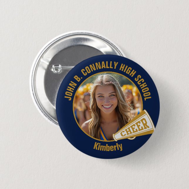 Navy Blue Gold Cheerleader Photo High School Button (Front & Back)