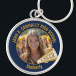 Navy Blue Gold Cheerleader Photo High School Keychain<br><div class="desc">This cool customized high school cheerleader photo gift features gold typography of your team and player name on a navy blue keychain with a cheer megaphone. Personalize with your student's photograph and class year as a proud cheerleading parent. A great gift for a mom or dad.</div>